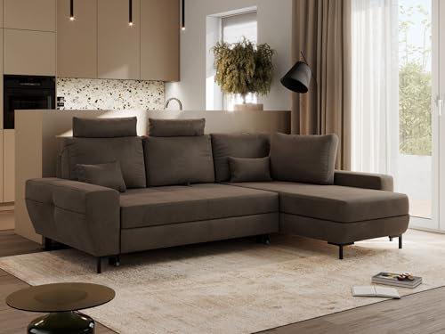 MKS MEBLE Ecksofa, Wohnlandschaft L-Form mit Schlaffunktion und Bettkasten, Schlafsofa mit Bettkasten, Sofa mit Einstellbare Kopfstützen, Flavia - Braun Velvet - Rechts