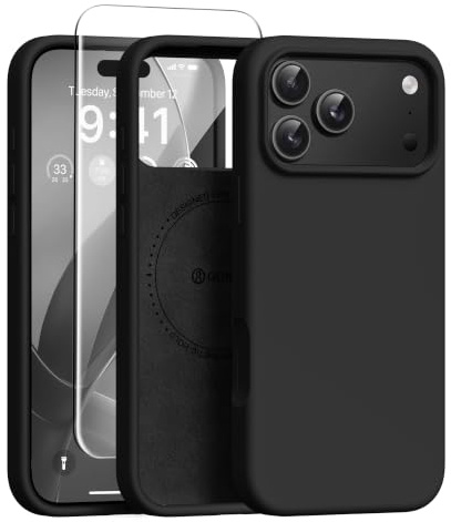 GONEZ für iPhone 17 Pro Hülle Silikon 6,3 Zoll & Displayschutz, [MagSafe-kompatibel] dünne Handyhülle aus Flüssigsilikon, Kratzfeste und stoßfeste, Mikrofaserfutter Schutz Case, Schwarz