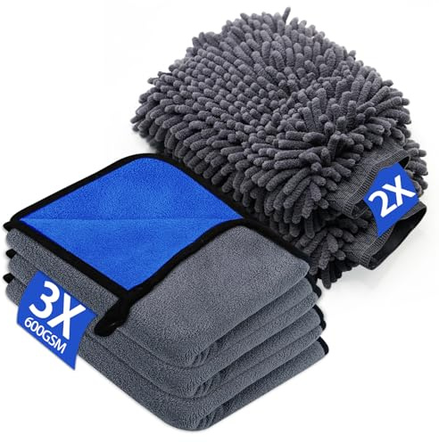 YSWOVUO 5 Stück Autopflege Set mit 3er Mikrofasertücher Auto & 2er Mikrofaser Waschhandschuh Auto, 600 GSM Trockentuch Extra Saugstark 100% Kratzfrei & Schonend, zum Polieren (40 x 30 cm)