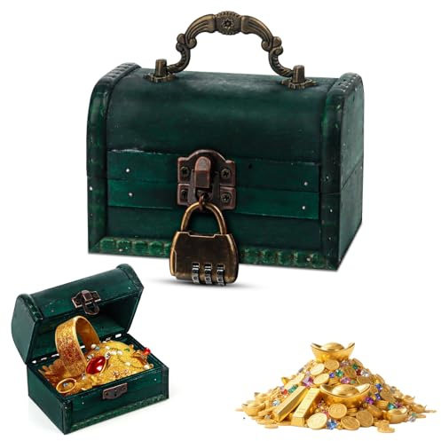 LjFrexia Vintage Holz Schatztruhe Klein, Grün Schatzkiste mit Zahlenschloss, Piratenschatztruhe, Retro Holztruhe für Aufbewahrung, Kinder Lagerung Schmuckkästchen für Aufbewahrung und Dekoration