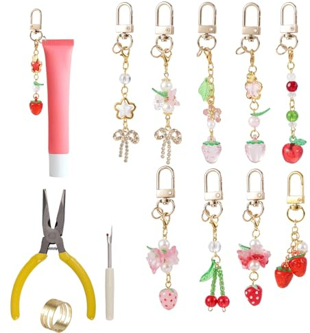 Sinbana Schlüsselanhänger-Set mit Lipgloss-Anhängern, Süßer Schlüsselanhänger mit Lippenbalsam und Zange Fadenpicking-Ring Süßer Charm-Schmuck für Frauen
