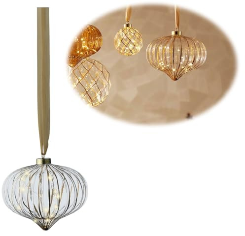 LS-LebenStil Deko XL Glas Lichtkugel Zwiebel 15 LED 20cm Klar Gold Band Timer Batterie-Fach Kugellampe zum Anhängen als Weihnachtsdeko innen Weihnachtsbeleuchtung Fensterdeko Batteriebetrieben