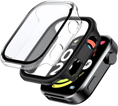 Fitudoos [2 Pezzi Cover per Xiaomi Redmi Watch 6/Watch 6 NFC,custodia rigida in PC con pellicola protettiva in vetro temperato,Anti-Caduta Alta Sensibilità - nero-Trasparente