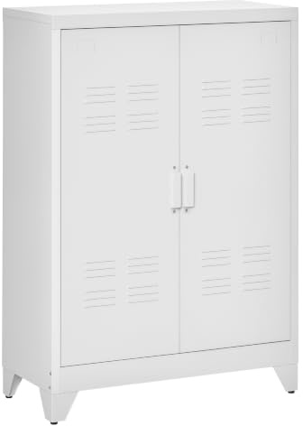 HOMCOM Aktenschrank mit Lamellen-Doppeltür 75x33x110cm Weiß | Verstellbarer Einlegeboden, Metallschrank, Mehrzweckschrank, Büroschrank, Aufbewahrungsschrank