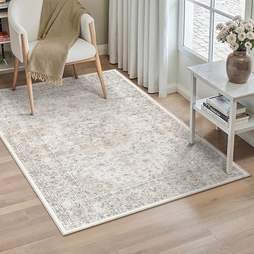 PureCozy Teppich Wohnzimmer 80x150cm Vintage Waschbarer Beige Tepich | Rutschfest Kurzflor,Weich Cream Teppiche,Wohnzimmerteppich,Schlafzimmer,Esszimmer,Büro,Kinderzimmer