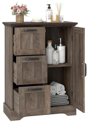 GIANTEX Bodenschrank im Bauernhausstil, Badezimmerschrank mit Scheunentür, 2 Ablagen & 3 Schubladen, freistehender Aufbewahrungsschrank für Wohnzimmer, Küche & Esszimmer, 60 x 30 x 80 cm (Braun)