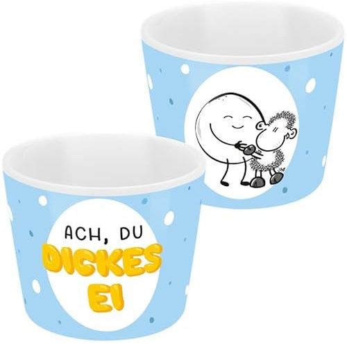 Niedlicher Sheepworld Eierbecher aus Porzellan mit frechem Spruch Ach, du dickes Ei