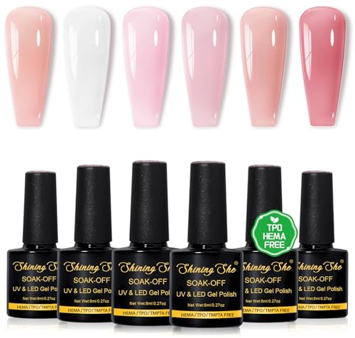 Shining She Gel Nail Polish Jelly Pink, TPO-Free HEMA-Free Gel Polish, 6 Colors Transparent Crystal Nude Pink White Soak-Off UV Jelly Nail Polish Spring for Beginners Manicure Salon DIY at Home, 8ML