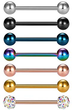 vcmart 7er Zungenpiercing Barbell Set aus 316L Chirurgenstahl 14mm