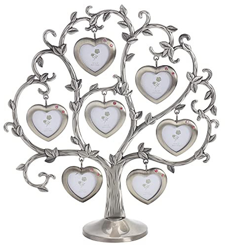LASODY Antique Silver Family Tree with 7 Hanging Picture Frames Metal Table TOP Photo Frame Decoration.