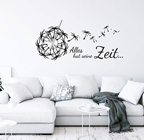 tjapalo® pkm511 Wanduhr Wohnzimmer Wandtattoo Uhr Alles hat seine Zeit Wandaufkleber Pusteblume mit Uhrwerk, Größe: B100xH39cm (+Uhrwerk schwarz), Farbe: schwarz