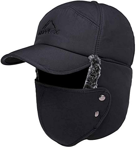 Yixda Wintermütze Warme Maske Winddicht Trapper Hut mit Ohrenklappen (Schwarz)