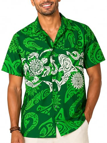 King Kameha Hawaiihemd Herren Kurzarm - Grünes Hawaii Hemd Männer Maori - Hemd Herren Kurzarm Hawaii Outfit - Hawaiian Shirts for Men - Maori, Green,