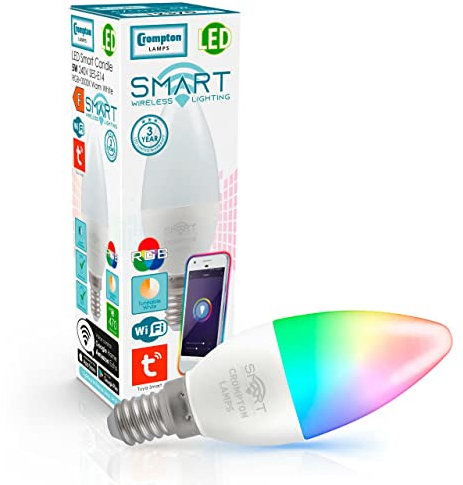 Crompton Lamps LED Smart WiFi Candle 5W SES-E14 Dimmable (40W Equivalent) 3000K Warm White + RGB Opal Amazon Alexa TUYA Colour Changing Light Bulb