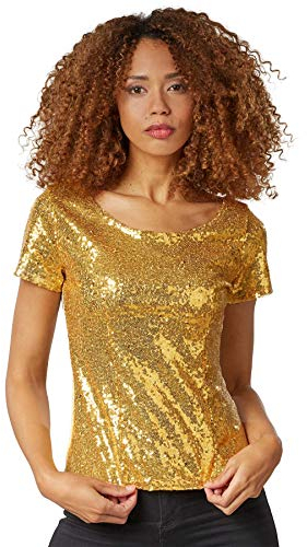 dressforfun 901013 Damen Pailletten Top, Glitzer Kurzarm Oberteil, Gold - Diverse Größen - (XL)