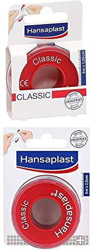 Hansaplast Fixierpflaster Classic 5 m x 1,25 cm, leicht abreißbares Tape mit starker Klebkraft + Classic 5 m x 2,5 cm, breite Pflaster Rolle zur sicheren Fixierung von Verbänden