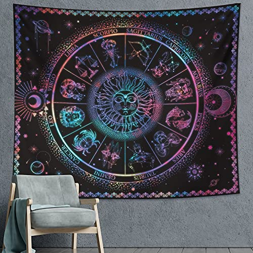 DESIHOM Wandteppich mit 12 Sternbildern, psychedelische Sonne, Wandteppich für Schlafzimmer, Wohnzimmer, Wohnheim, Dekoration, 150 x 130 cm