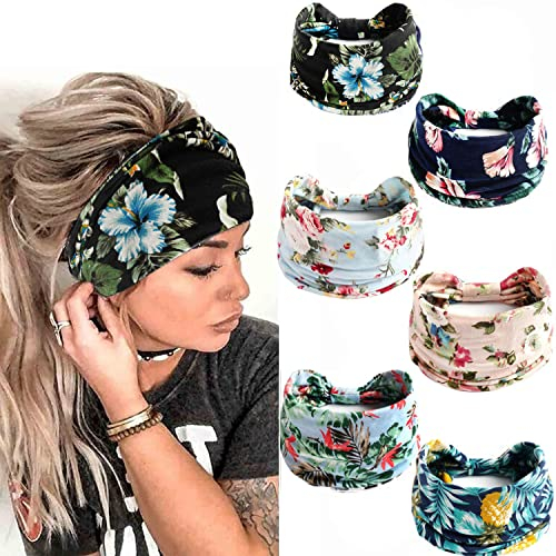 6 Stück Stirnbänder Damen Frauen Breites Haarband Boho Blumendruck Leopard Knot Elastische Lauf Yoga Kopfwickel Haarbänder Mehrfarbig