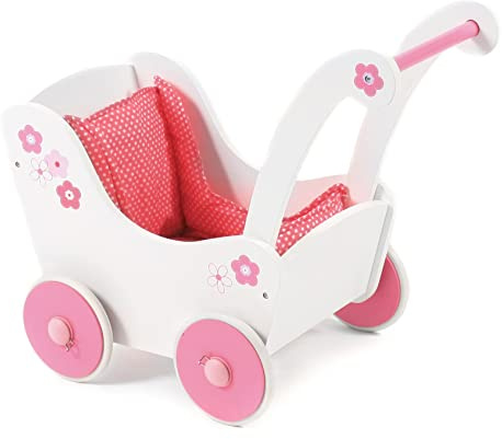 Holzpuppenwagen für Baby-Puppen bis 54 cm, Puppenwagen aus Holz, Schiebehöhe 43 cm