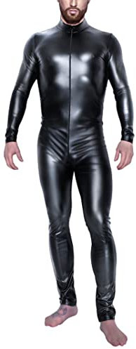 Maeau Kunstleder Bodysuit Herren Glänzend Catsuit Einteiler Front Reißverschluss Leotard Playsuit Jumpsuit Clubwear Kostüm Wetlook Lederhose Faux Pants für Halloween Cosplay, schwarz 1, 50