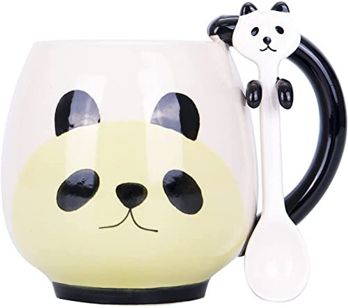 Linda taza de café de cerámica de oso animal con cuchara, divertida taza de café, taza de cerámica, regalo de 15 onzas (Panda)