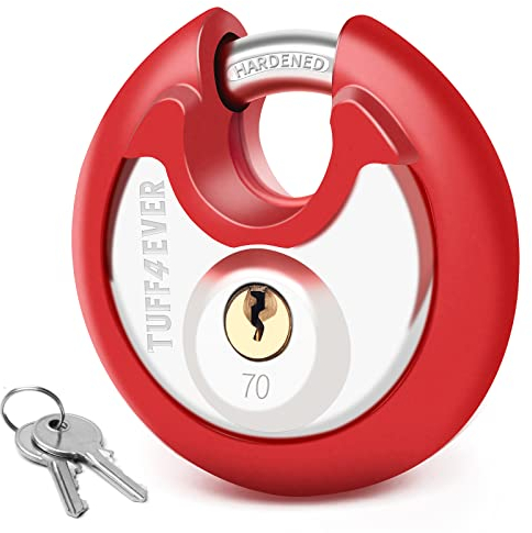 Tuff4ever Vorhängeschloss Wetterfest, Schloss mit Schlüsseln, Schloss mit 9.5mm Bügelstärke, Edelstahlkorpus, Kneifschutz, Rundbügelschloss mit Gummihülle, Circle 70mm, Rot