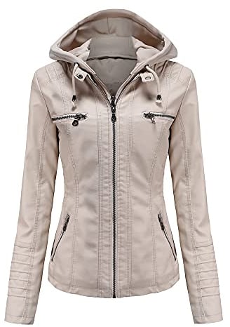 E-girl Damen Elfenbein Lederjacke Schlank Kurz Kunstleder Kapuze Jacket Reißverschluss Motorrad Jacke für Frühling und Herbst,M,C6699N