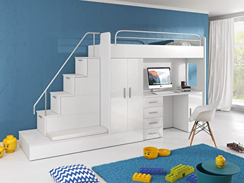 Hochbett mit Schreibtisch TOMI 5, Schrank, Treppe und Gästebett in Hochglanz (Weiß + Hellblau, Glanz, Matraze und Matrazenrahmen)