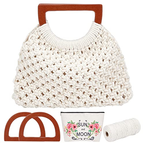 WEBEEDY Makramee Tasche DIY Kit Für Erwachsene Anfänger Boho Makramee Handtasche Mit Holzgriff Handgefertigte Strandtasche Kit Für Frauen/Mädchen Sommer Starter DIY Set Geburtstagsgeschenk (Natur)