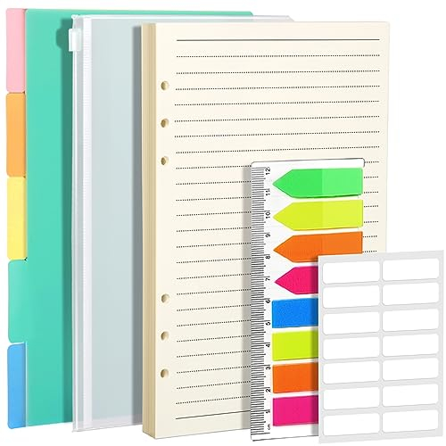 FANDAMEI A5 Papier Linierte Nachfüllbare Notizpapier Set, A5 Nachfüllpapiere Liniert 45 Blätter, 5 Stk. Ordner Trennblätter A5, Umschlägbeutel, 160 Stk. Haftnotizen, Etiketten Selbstklebend