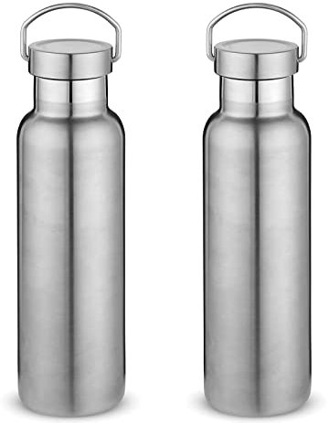 Volhoply 600ml Insulated Water Bottles Bulk Two Pack,Stainless Steel Double Wall Sport Bottle with Lid of Handle,Metal Reusable Flask with Cup Cap for School,Cyclists,Gift (Silver,Set of 2)