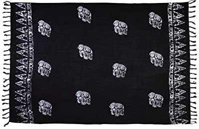 SAIVONA Pareo Sarong Strandtuch Damen - Wickelrock Strand - Handtuch Blickdicht als Wickeltuch oder Handtuchkleid und Wickelkleid Damen - Handarbeit aus Fair Trade Herstellung Batik Schwarz Elefant