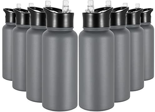 VQRRCKI 32 oz Stainless Steel Insulated Bulk Water Bottles with 2 Lids, BPA Free Reusable Metal Sports Water Bottles Set for Gym Travel Running Hiking Women Men, Gray 8 Pack