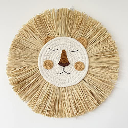 INS Nordic Handmade Lion Wall Decor Cotton Thread Straw Woven Animal Head Wall Hanging Ornament for Nursery Baby Room Decoration (Tiger)