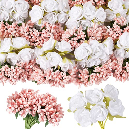 BETESSIN 204Pcs Künstliche Rosen Blumen Klein Kunstblumen mit Falsche Rosenknospe Milchweiß Kunstrosen zum Basteln mit Stiel Kunstblumen Klein Stoff Dekoblumen Hochzeit Party Blumenstrauß