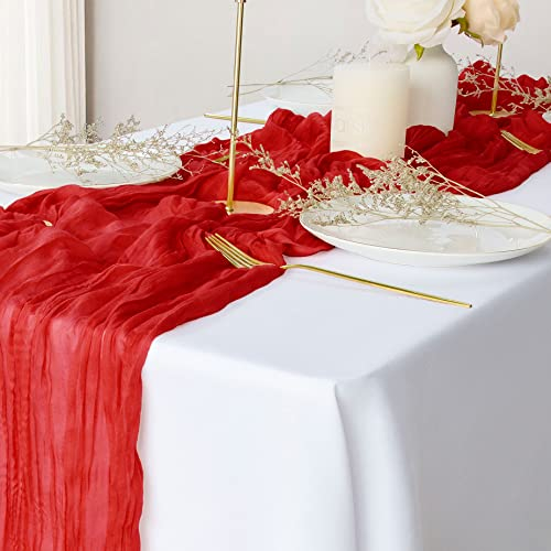 Tischläufer aus Seihtuch, 3 m, rustikaler Gaze-Tischläufer, rustikal, für Hochzeit, Babyparty, Geburtstag, Party, Weihnachtsdekoration, Rot, 2 Stück