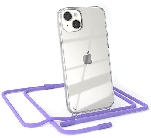 EAZY CASE - Handykette kompatibel mit iPhone 14 Plus - dünne Handyhülle für iPhone 14 Plus Hülle mit Band als Fallschutz Kette zum Umhängen transparente Hülle Silikon in Lavendel Lila