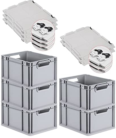 PROREGAL SuperSparSet 5x Eurobox NextGen Grip mit Scharnierdeckel und schwarzen Schiebeschnappverschlüssen, HxBxT 22x30x40cm, 20 L, Grau, Griffe offen, Eurobehälter, Transportbox