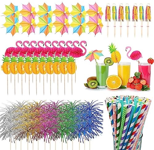 Yoolly Cocktail Accessories for Drinks,100pcs Cocktail Decorations,Food Drink Decorations with Straws,Paper Umbrellas,Flamingo/Pineapple/Sparkler Sticks,for Beach,Birthday,Music Festival,Summer Party