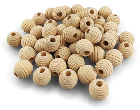 Netuno 50 Stück Holzperlen gerillt 14 mm mit Loch Holzkugeln geriffelt Bastelperlen natürlich rund für DIY Handwerk Schmuck Makramee zum Basteln Auffädeln Bastelperlen mit großem loch Bastelkugeln