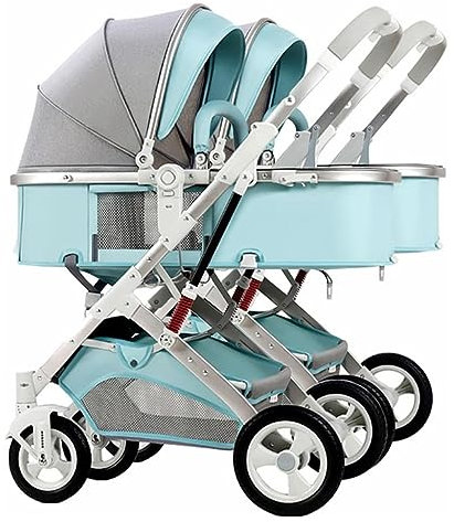 WIGSELBL Zwillings-Kinderwagen, Doppel-Kinderwagen, Kleinkind-Kinderwagen for Zwillinge nebeneinander, Faltbarer Doppelsitz-Tandem-Kinderwagen, wendbar, leicht zusammenklappbar (Color : Blue-1)