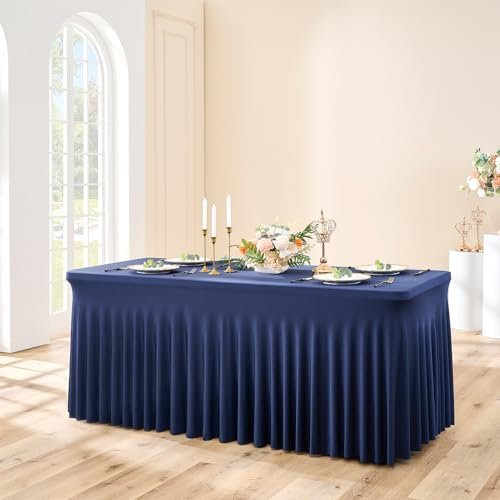NSSONBEN 1-Pack Navy Blau Spandex Tischdecke für 180cm Rechteck Tische, Faltenfreie Stretch Tischdecke mit Rock für Bankett Party Hochzeit Geburtstag Meeting Display Dekoration Tischdecken