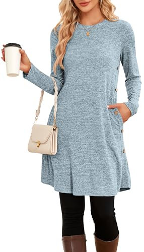 NARRAME Pulloverkleid für Damen, Frühling, Herbst, Lange Ärmel, lässige Knöpfe, seitliche Damenkleider mit Taschen, groß, Hellblau