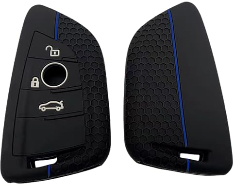 Juttzzei BMW Autoschlüssel Hülle für BMW 1er, 2er, 3er, 5er, 6er, 7er Series, Active Tourer, X1, X3, X4, X5, X6 - Silikon Schlüsselhülle, Blaue Linie - 3 Tasten