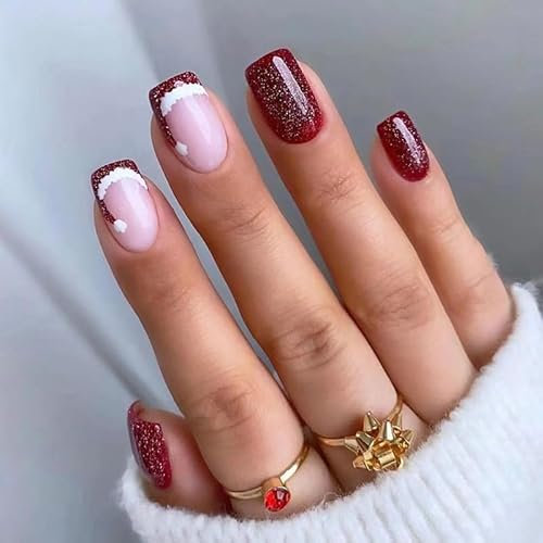 BSLVWG 24 Pcs Weihnachten Falsche Nägel Kurz, Drücken Sie Auf Mit Schneeflocke Elch, Quadratische Gefälschte Kurz Mit Nagelkleber, Weihnachtsdekoration Festival Urlaub (07)