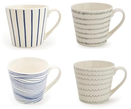 Home Deco London Nautical Collection of 4 Piece Mug Set Tableware-Perfect for Coffee, Tea and Hot Beverages 370ml Cups Blue & White Porcelain (Nautical Mug Set of 4 Mixed Designs)