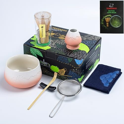 TEANAGOO Matcha Kit (7 piezas) Batidor de Matcha Kit de Batidor de Matcha Cuenco de bambú Batidor de Matcha (Chasen) Cuchara (chashaku) Soporte para batidor. N25, rosa degradado