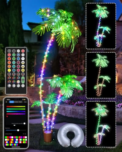 7FT Smart Lighted Palm Tree, DIY Color Changing LED Artificial Palm Tree 3 Trunks, Music Sync Timer Pre Lit Large Faux Christmas Tree App Remote Control for Outside Patio Poolside Party Tiki Bars