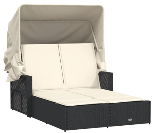 vidaXL Doppel-Sonnenliege mit Dach und Auflagen Schwarz Poly Rattan