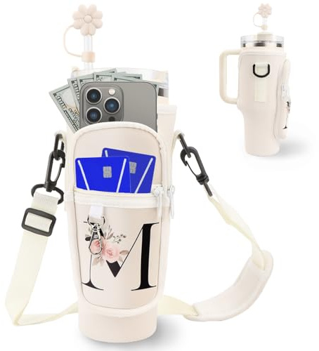 Initiale Wasserflaschenträger Tasche für Stanley 40 oz Tumbler mit Handytasche,Flaschenhalter zum Umhängen mit Verstellbarem Gurt, mit Strohhalmabdeckung & Karabiner,Sport Zubehör Damen(M)